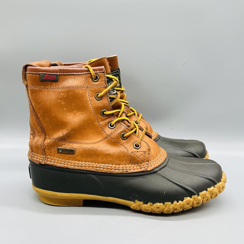Bass Boots Mens 8 Brown Leather Mallard Duck Ankle Lace Up Waterproof Rain Shoes